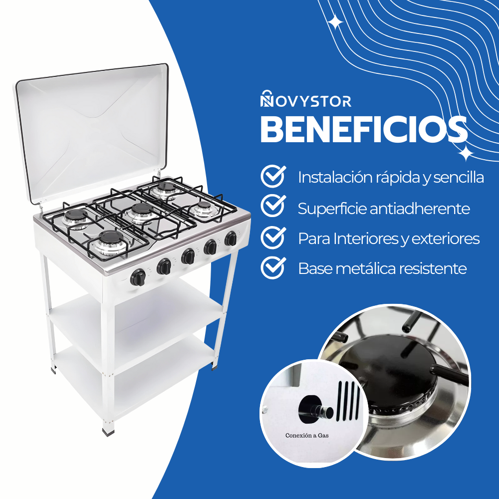Cocina Encimera Gas 5 Platos con Mesa y Tapa de Acero