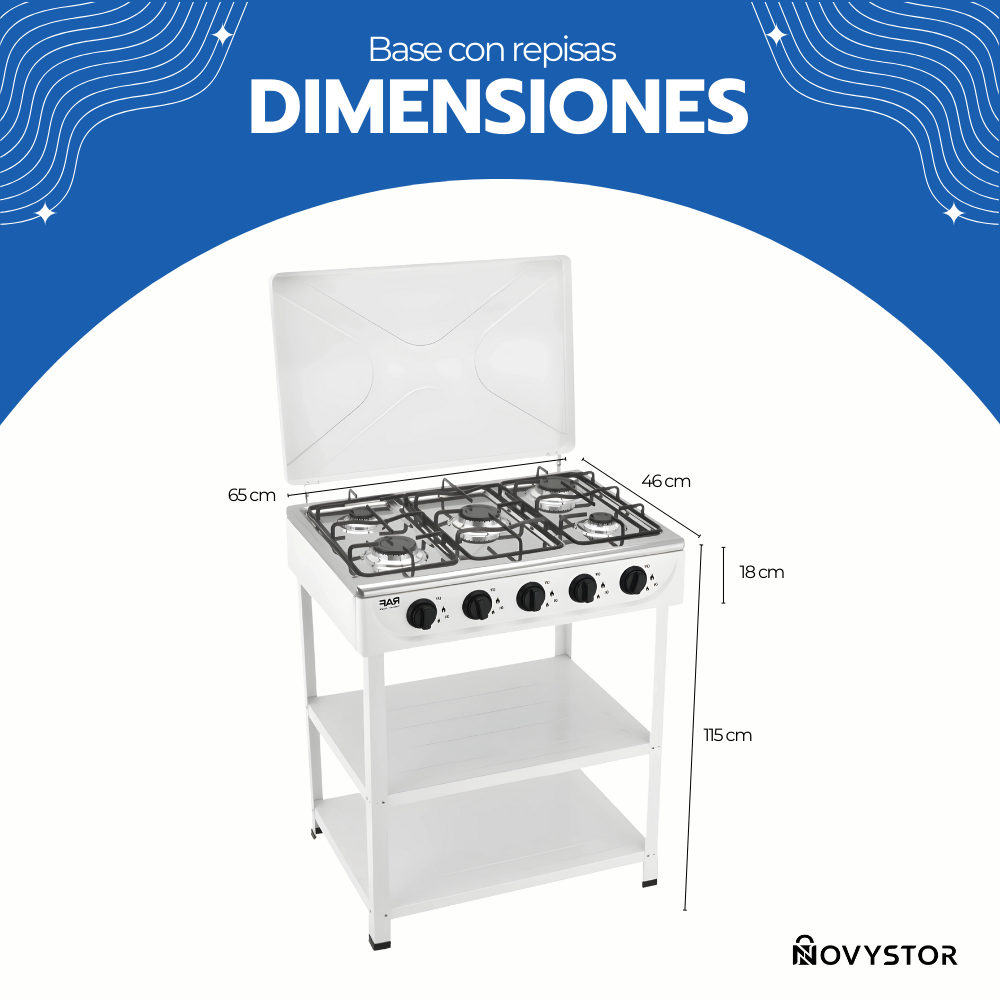 Cocina Encimera Gas 5 Platos con Mesa y Tapa de Acero