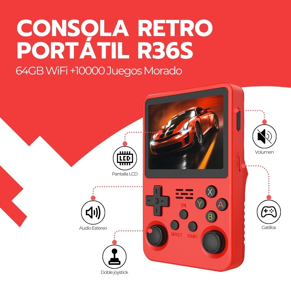 Consola Retro Portátil R36S 64GB WiFi +10000 Juegos Rojo