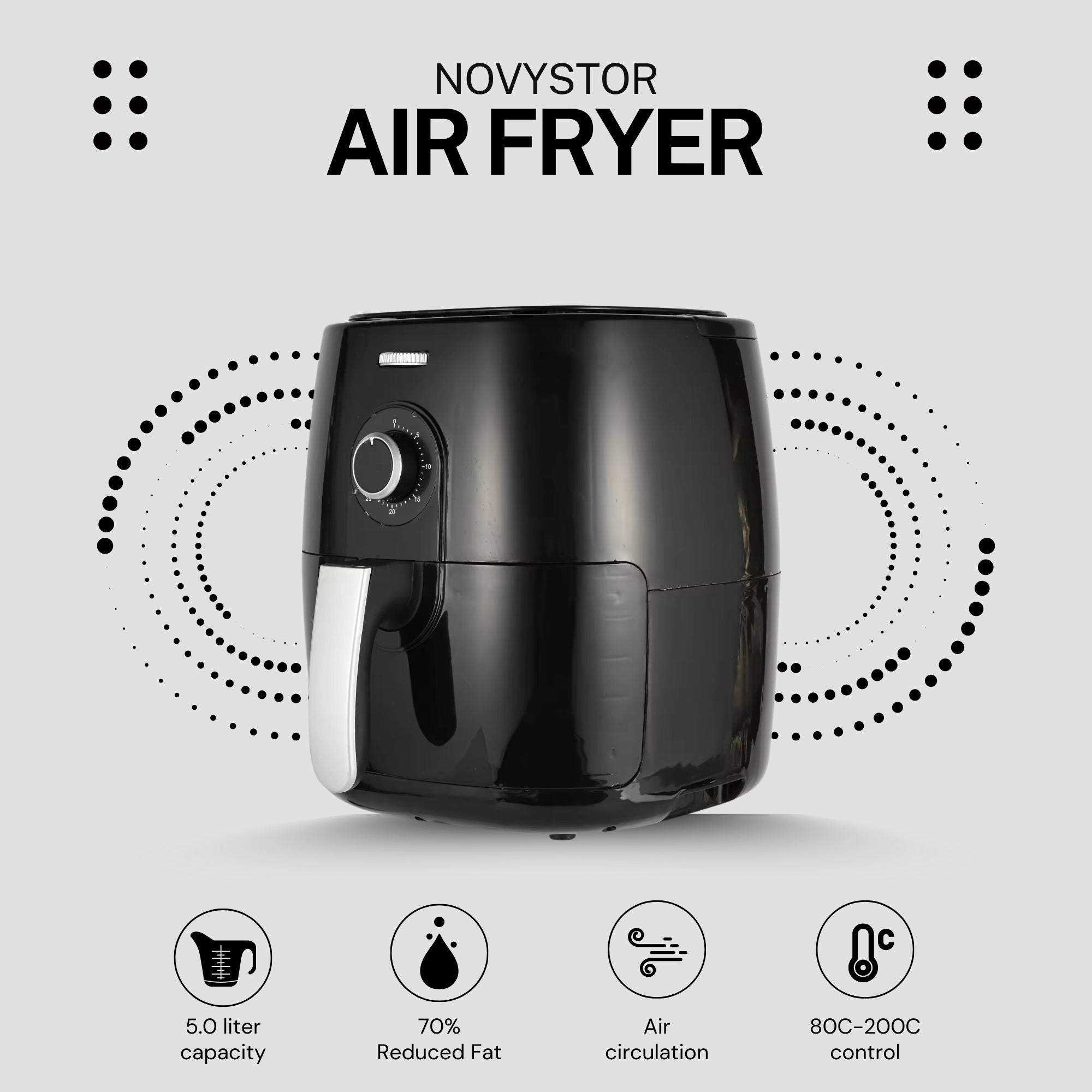 Freidora de Aire Manual 5L, Saludable y Sin Aceite, 1350W