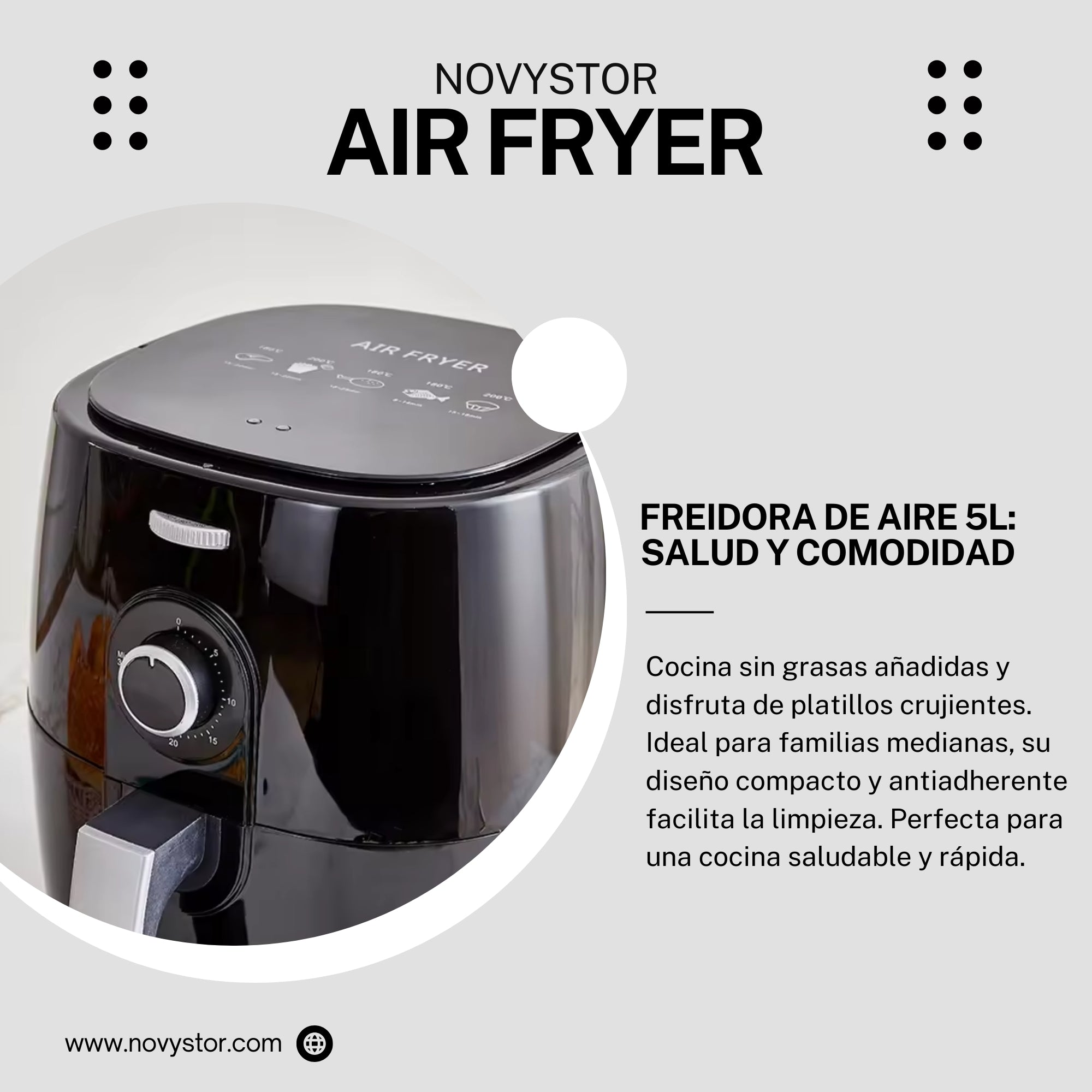 Freidora de Aire Manual 5L, Saludable y Sin Aceite, 1350W