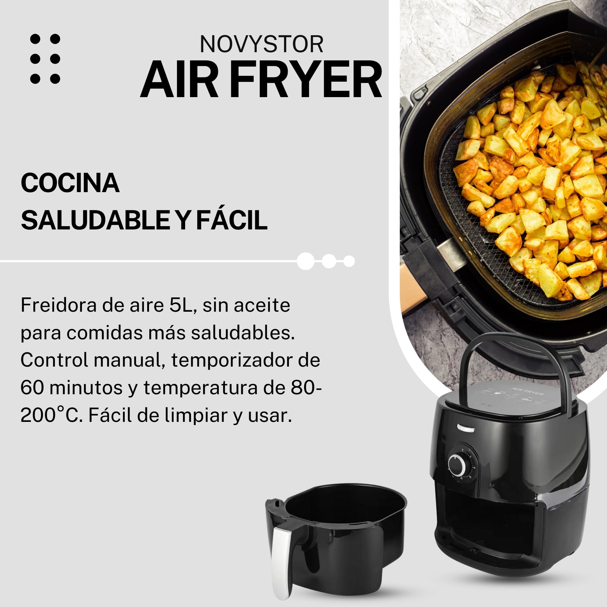 Freidora de Aire Manual 5L, Saludable y Sin Aceite, 1350W