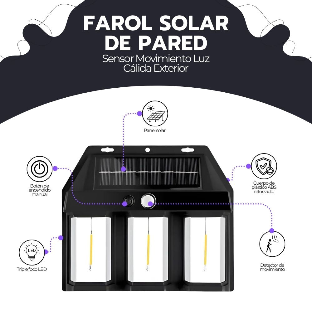 Farol Solar De Pared Sensor Movimiento Luz Cálida Exterior