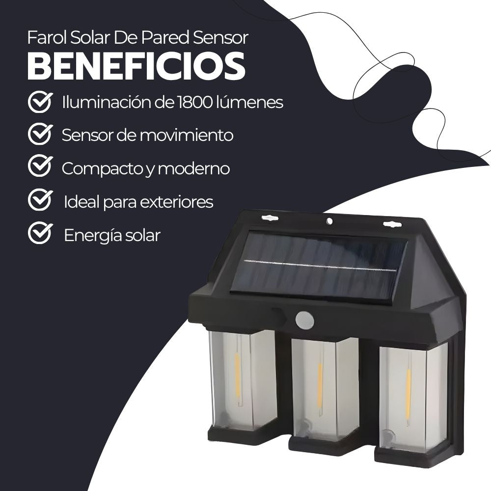 Farol Solar De Pared Sensor Movimiento Luz Cálida Exterior