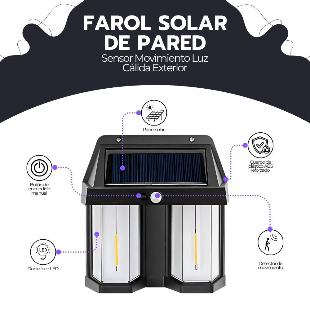 Lámpara Solar Doble LED Sensor Movimiento Exterior IP65