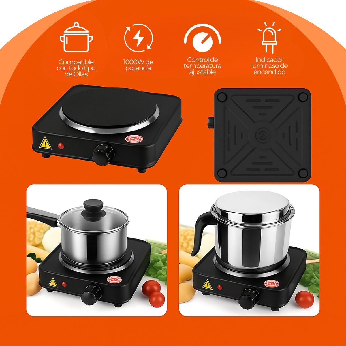 Cocinilla Eléctrica Portátil 1 Plato 155mm Acero Inox Negro
