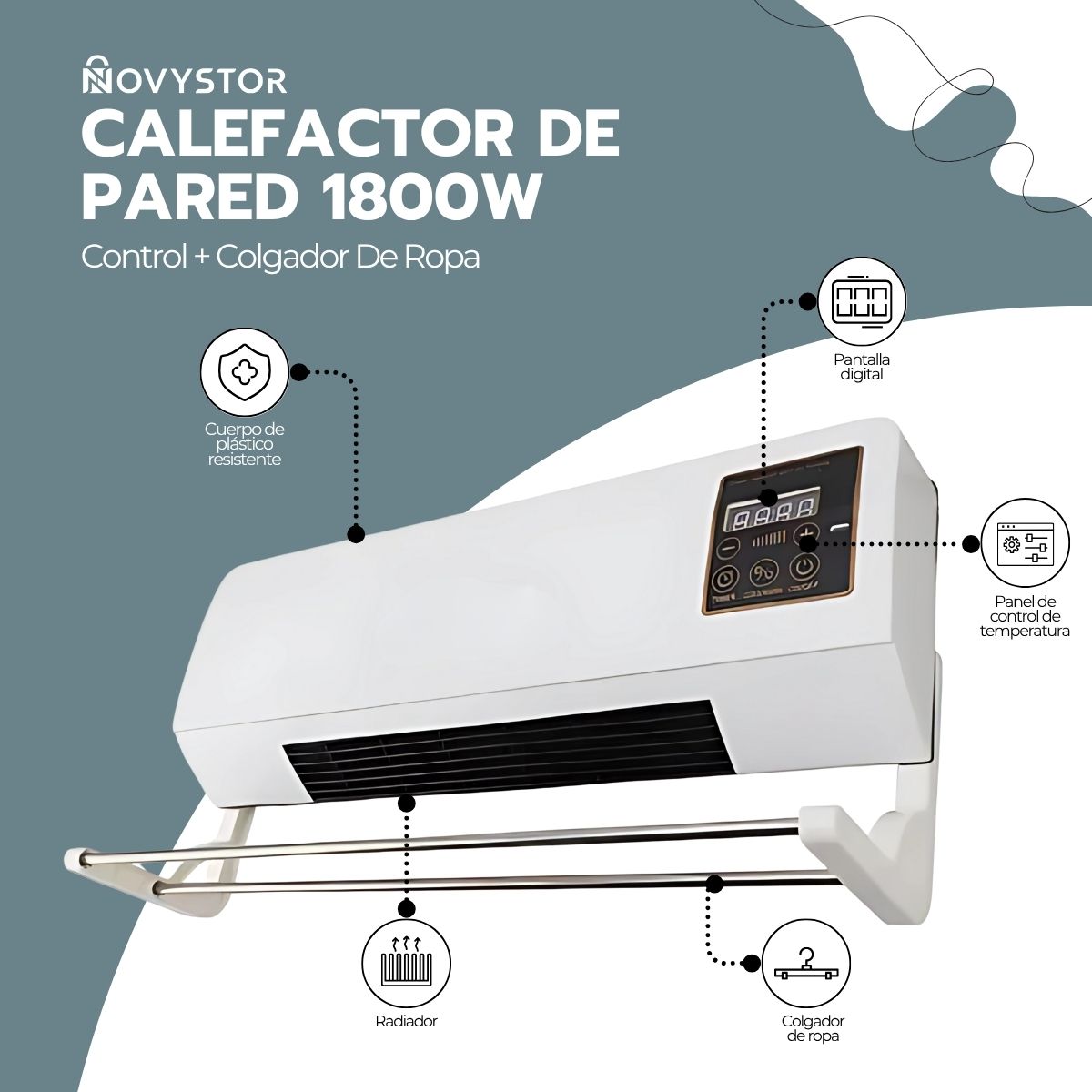 Calefactor Mural 2 en 1 1800W con Control y Colgador Ropa