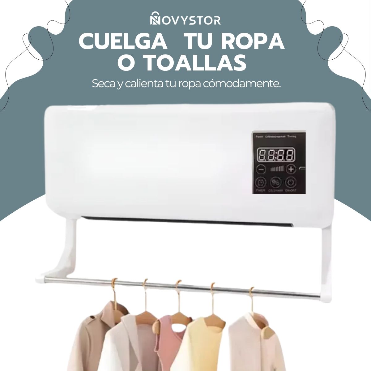 Calefactor Mural 2 en 1 1800W con Control y Colgador Ropa