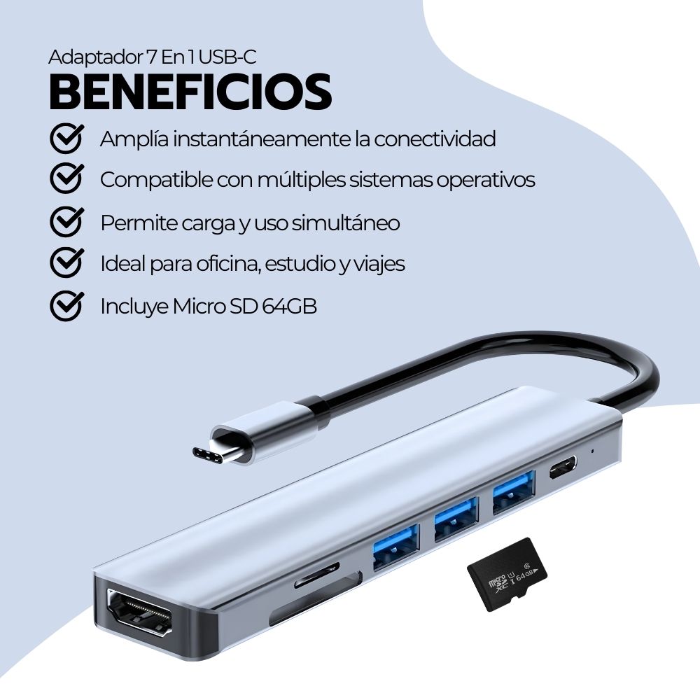 Adaptador 7 En 1 USB-C Con Hdmi Y Puertos + Micro SD 64GB