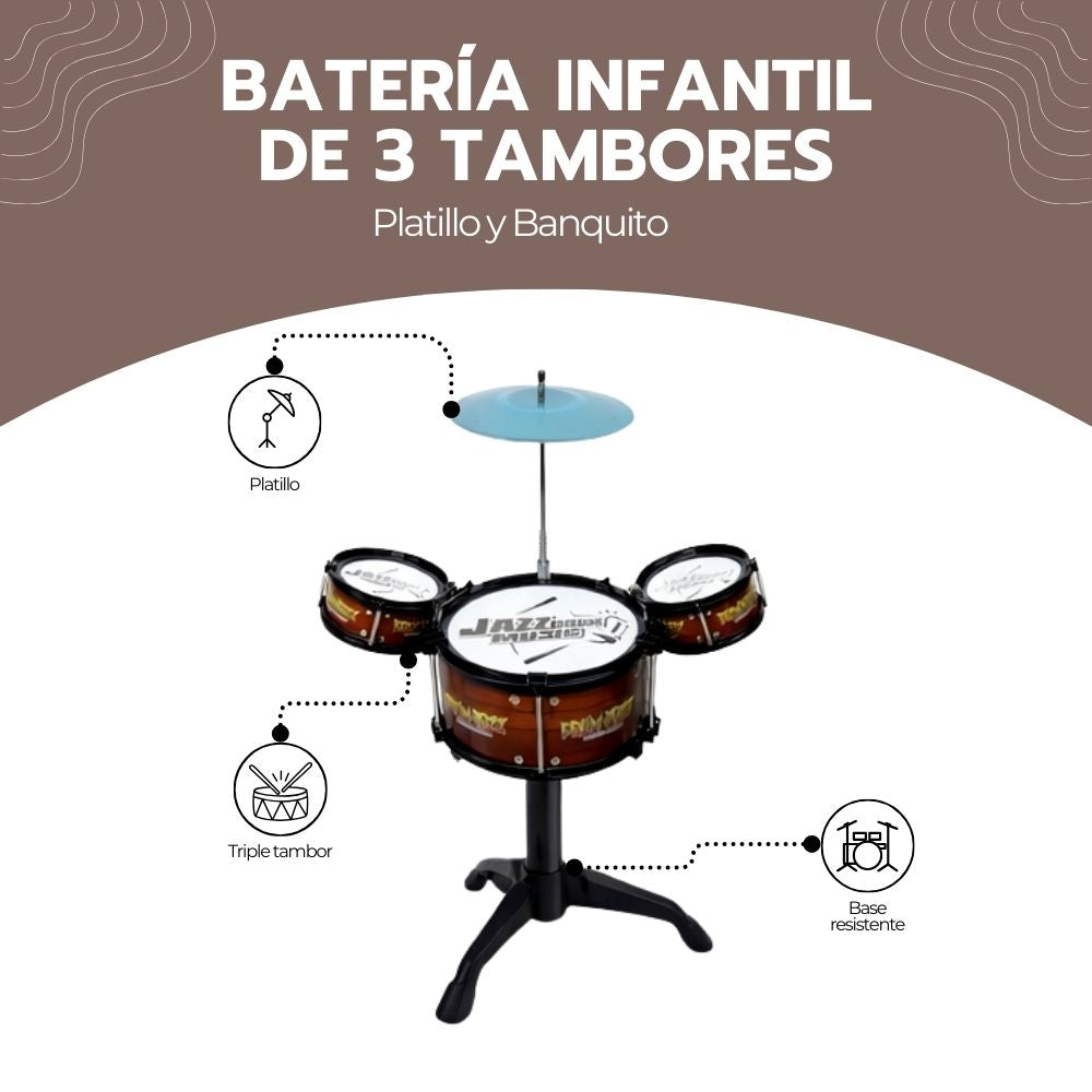 Batería Infantil de 3 Tambores con Platillo y Banquito