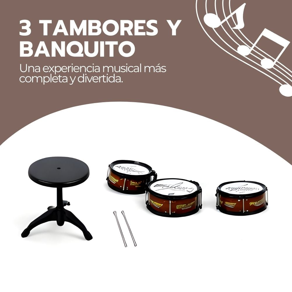 Batería Infantil de 3 Tambores con Platillo y Banquito