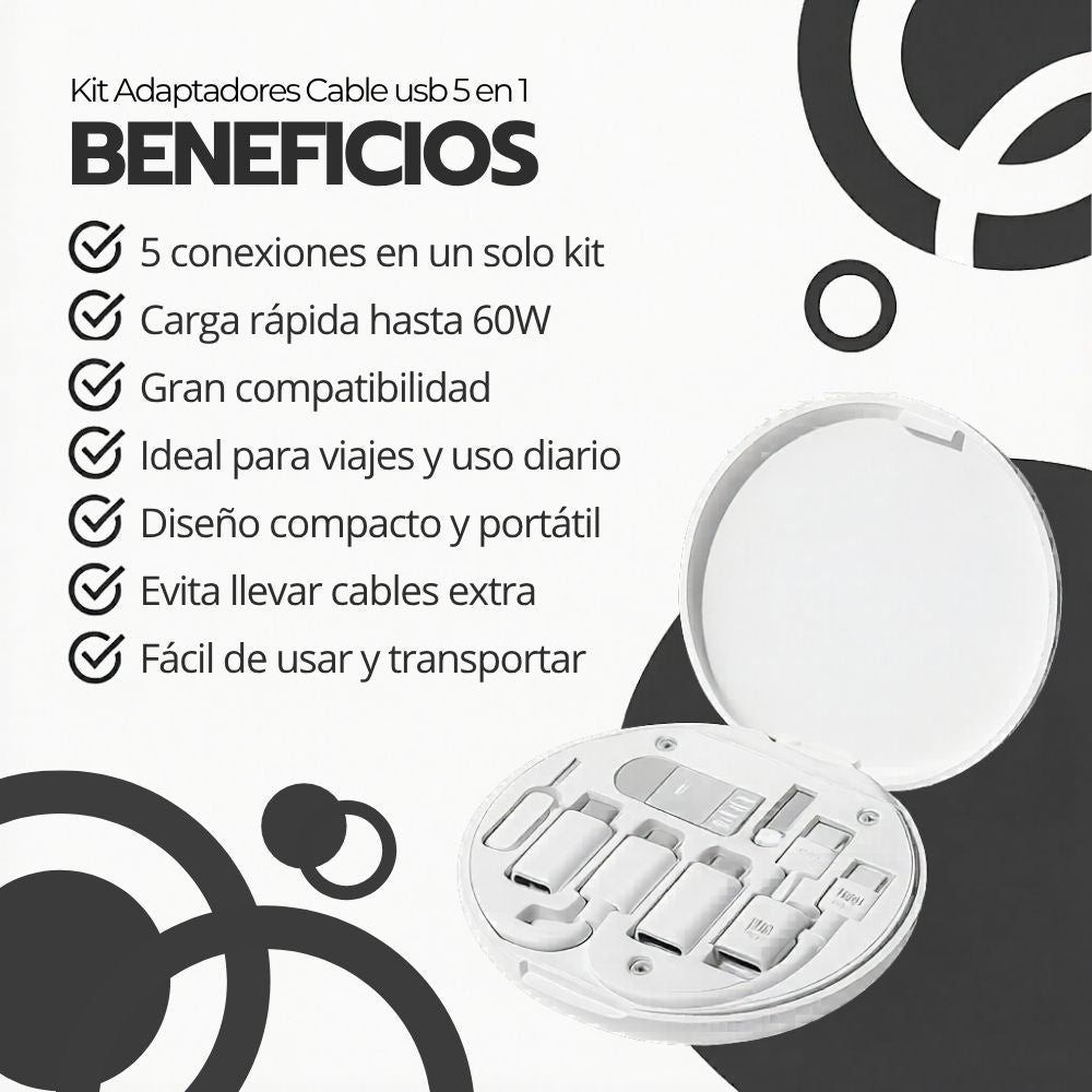 Kit Adaptadores Cable Usb 5 En 1 Usb C Micro 60w Para Iphone
