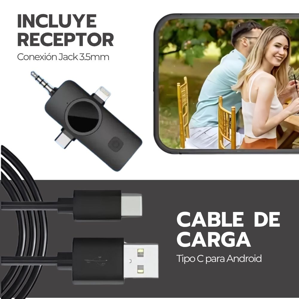 Micrófono Doble Inalámbrico con Receptor 3 en 1 Universal