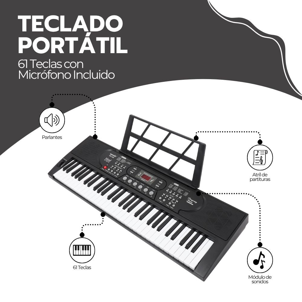 Teclado Musical Portátil 61 Teclas con Micrófono Incluido