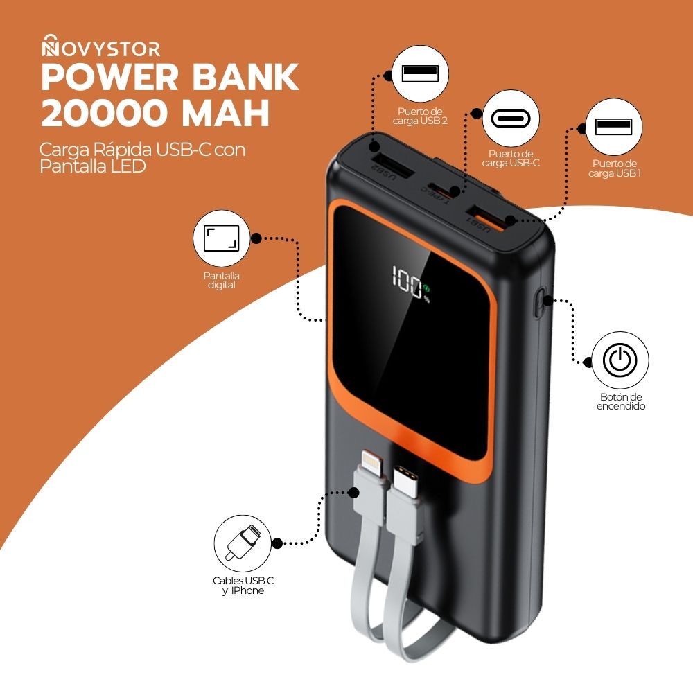 Power Bank 20000 mAh Carga Rápida USB-C con Pantalla LED