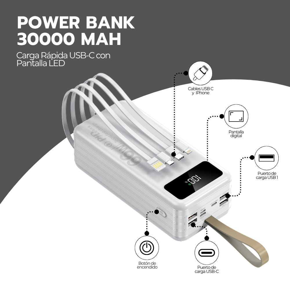 Power Bank 30000mAh Carga Rápida 66W PD Portátil USB-C