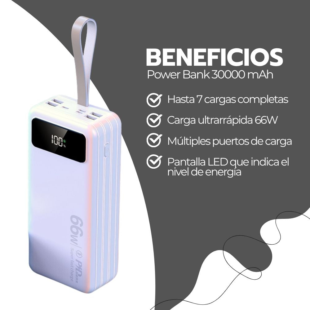 Power Bank 30000mAh Carga Rápida 66W PD Portátil USB-C