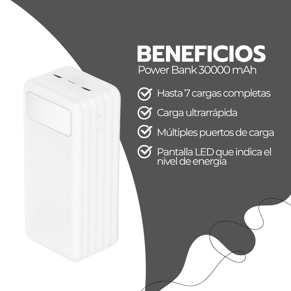 Power Bank 30000mAh Carga Rápida Portátil USB-C
