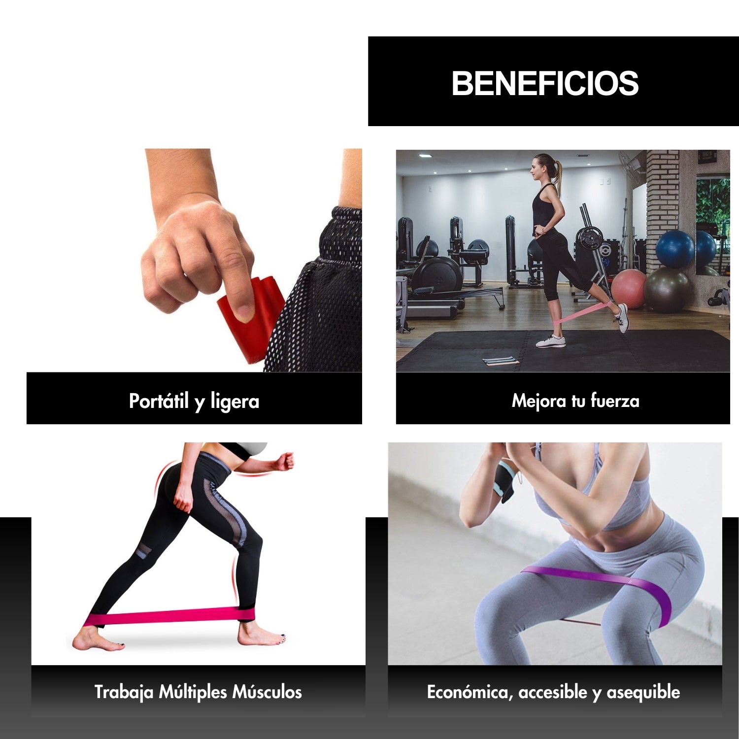 Kit 5 Bandas elasticas de resistencia rosa fitness + Bolso