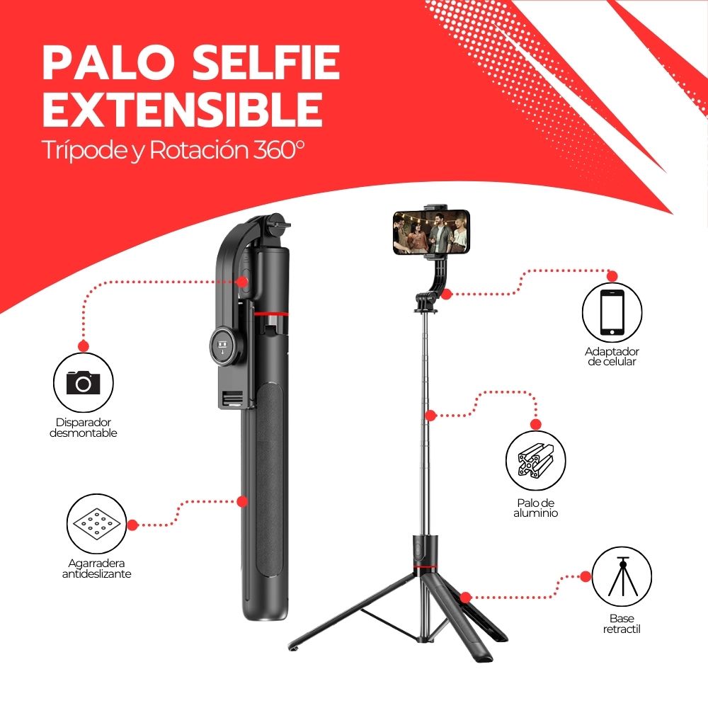 Palo Selfie Extensible Con Trípode y Rotación 360°
