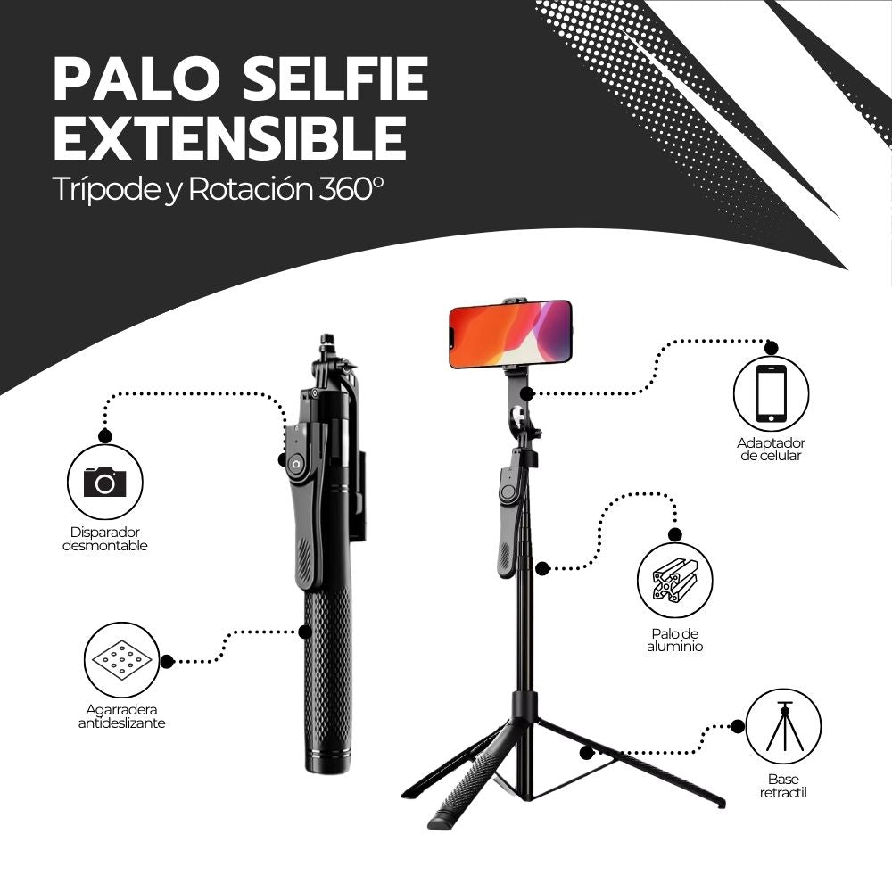 Trípode Palo Selfie Extensible 1.7m y Control Bluetooth
