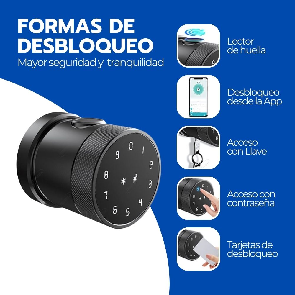 Cerradura Digital Inteligente Circular Acero, huella y Clave