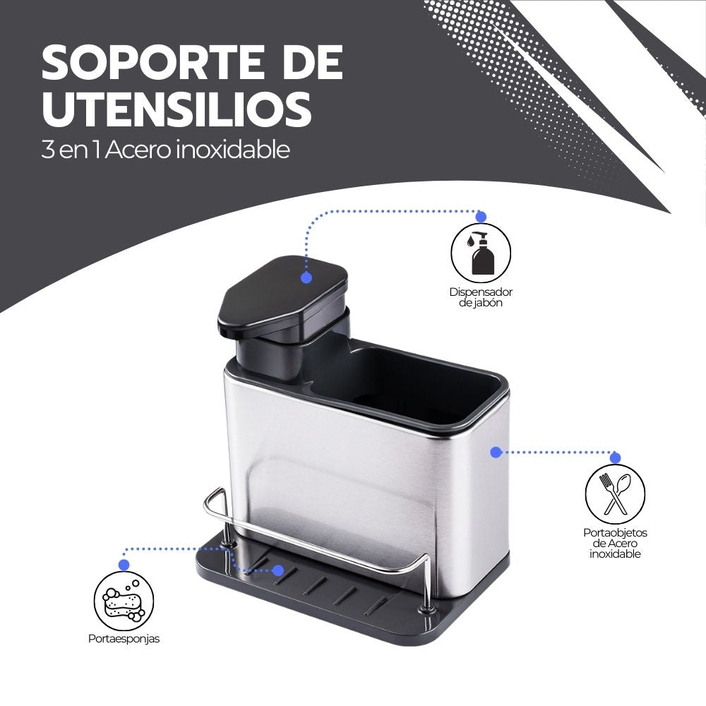 Soporte de Utensilios 3 en 1 Acero inoxidable + Dispensador