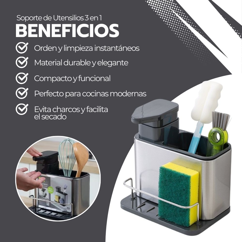Soporte de Utensilios 3 en 1 Acero inoxidable + Dispensador