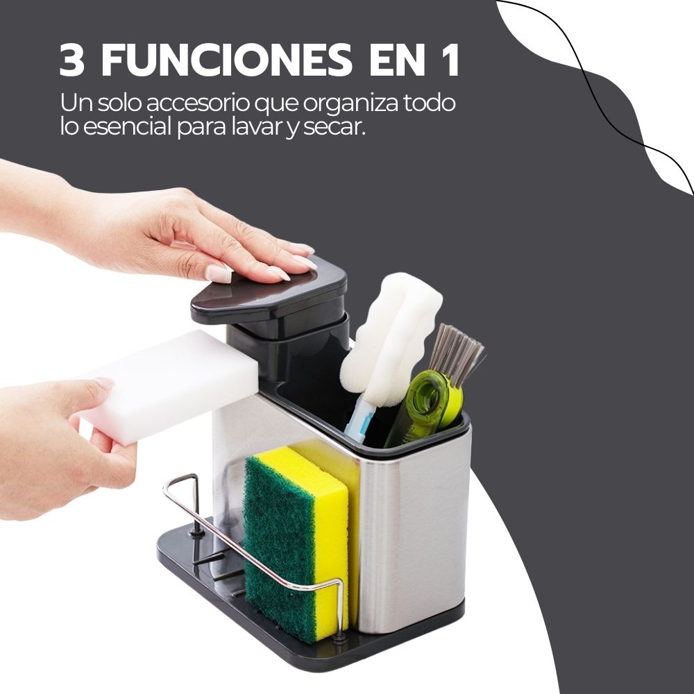 Soporte de Utensilios 3 en 1 Acero inoxidable + Dispensador