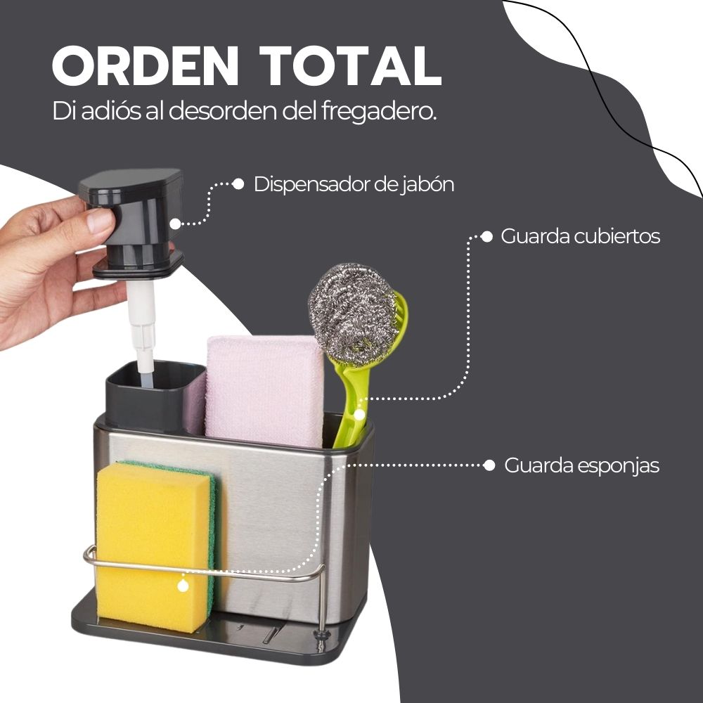 Soporte de Utensilios 3 en 1 Acero inoxidable + Dispensador