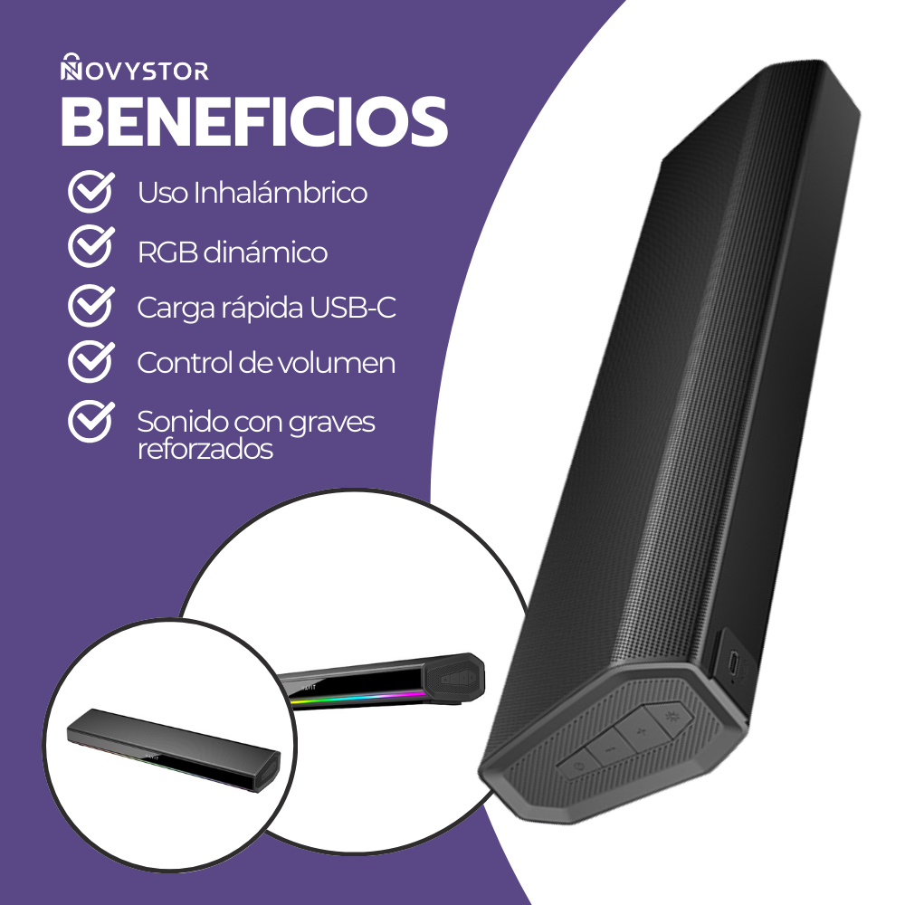 Barra de Sonido Parlante Inalámbrico 5.3 Negro + Luces RGB
