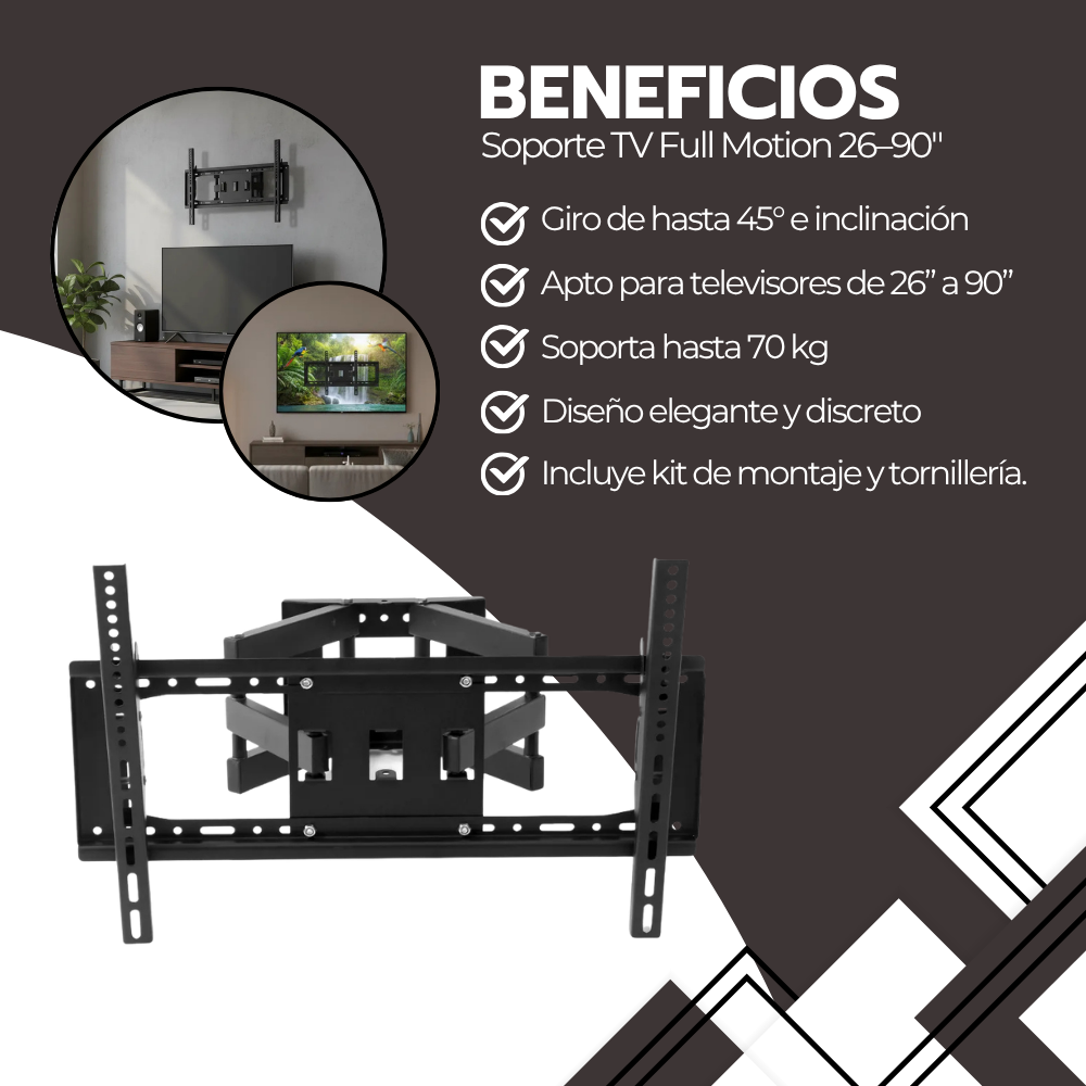 Soporte TV Full Motion 26–90" Acero Reforzado Giro 120