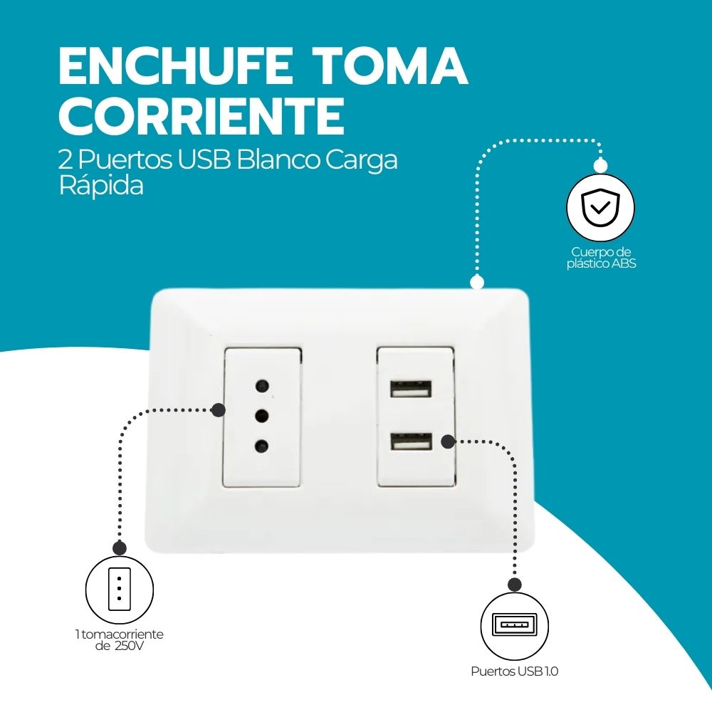 Enchufe Toma Corriente + 2 Puertos USB Blanco Carga Rápida