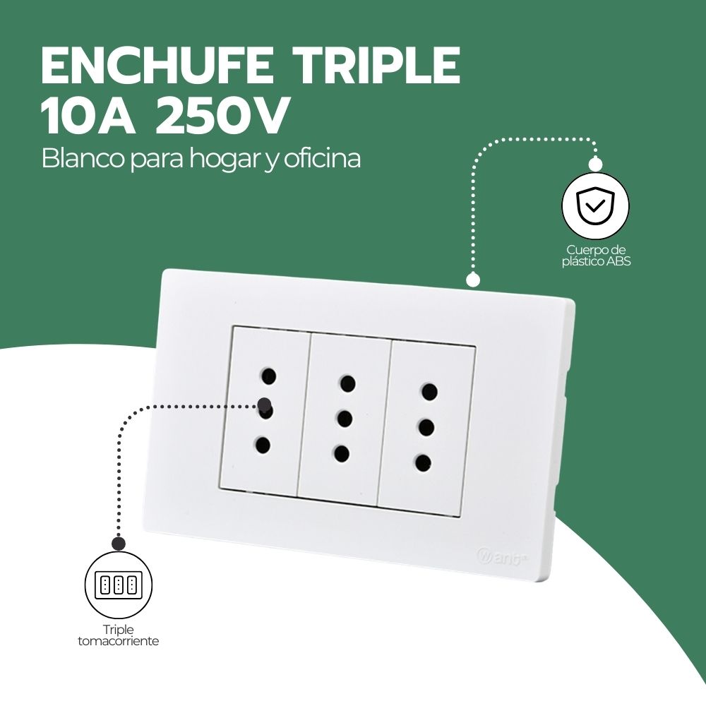 Enchufe Tomacorriente Triple 250V Blanco Hogar y Oficina