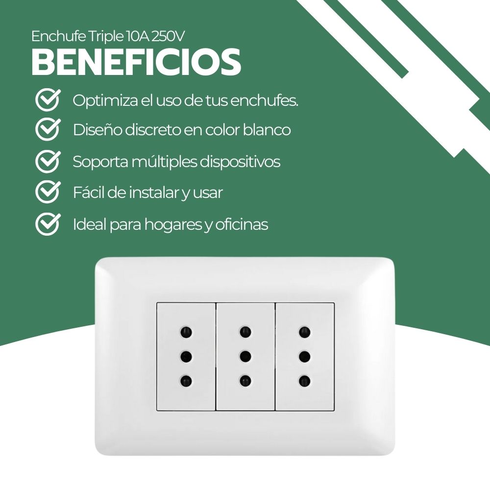 Enchufe Tomacorriente Triple 250V Blanco Hogar y Oficina