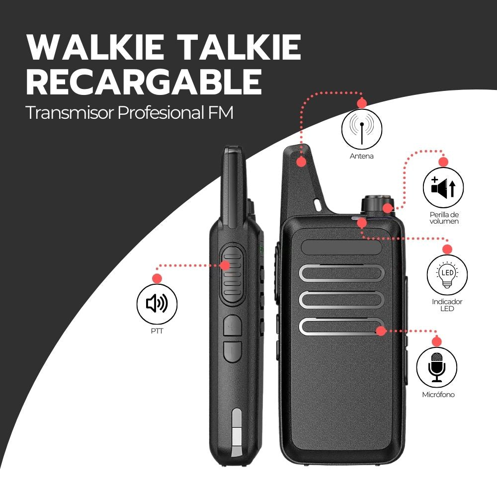 Walkie Talkie Transmisor Profesional FM Recargable Negro
