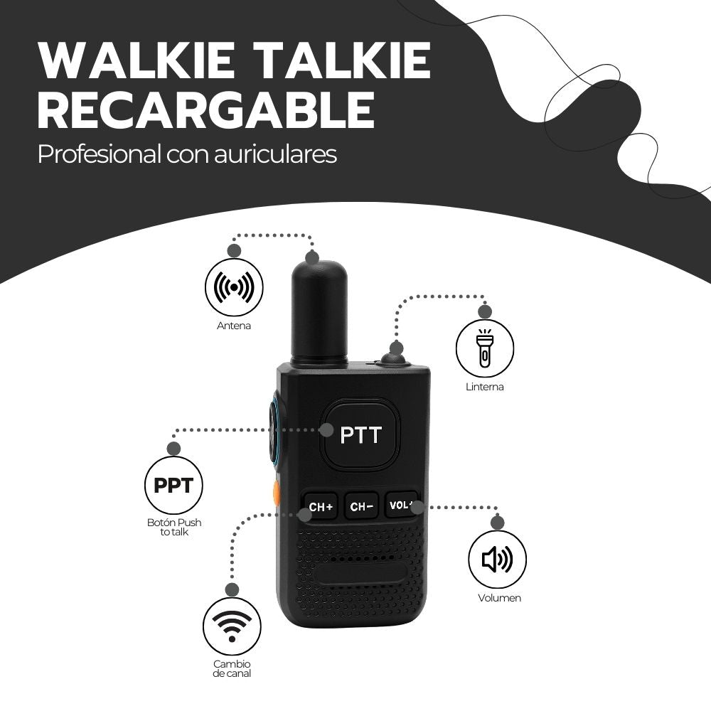 Walkie Talkie Profesional FM Recargable con Auriculares